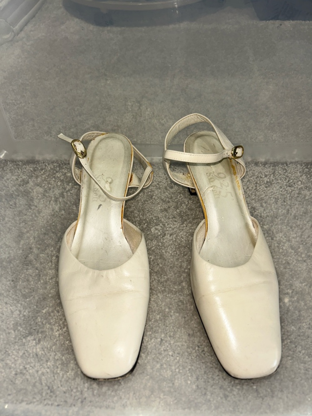 925 White Ankle-Strap Low Heel Pumps